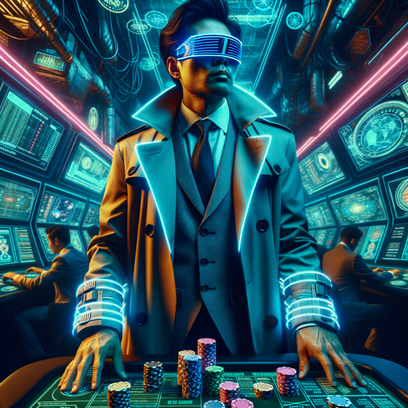 A high-tech underground casino where a legendary cyber-gambler in a neon-lined trench coat stacks glowing digital chips. His visor displays live stats and bankroll management calculations. The Neon Noir Cyber-Vintage aesthetic enhances the mysterious, elite nature of professional gamblers.