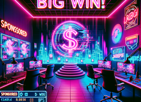 Is Online Poker Rigged? A Deep Dive Into the Algorithms A neon influencer studio where a cyber-gambler livestreams, surrounded by glowing "BIG WIN!" signs and fake jackpot notifications. A ghostly, glitching "SPONSORED" watermark hovers in the air, revealing the illusion. The Neon Noir Cyber-Vintage aesthetic adds contrast with bright electric pinks and deep cyber blues.