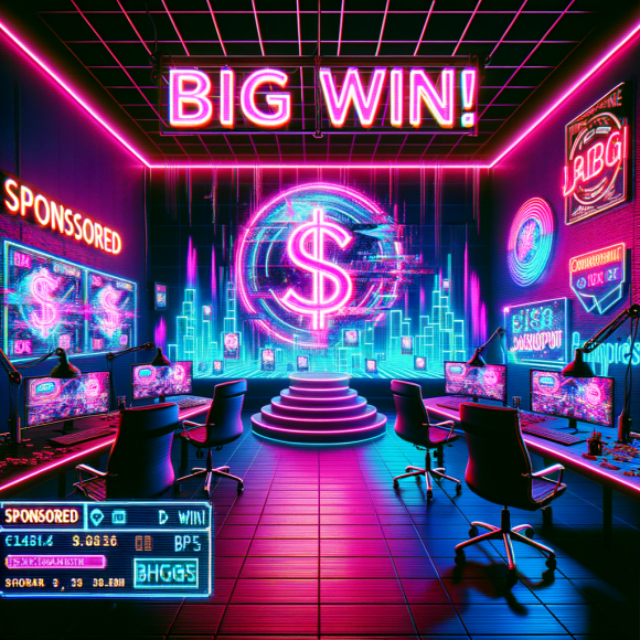 A neon influencer studio where a cyber-gambler livestreams, surrounded by glowing "BIG WIN!" signs and fake jackpot notifications. A ghostly, glitching "SPONSORED" watermark hovers in the air, revealing the illusion. The Neon Noir Cyber-Vintage aesthetic adds contrast with bright electric pinks and deep cyber blues.