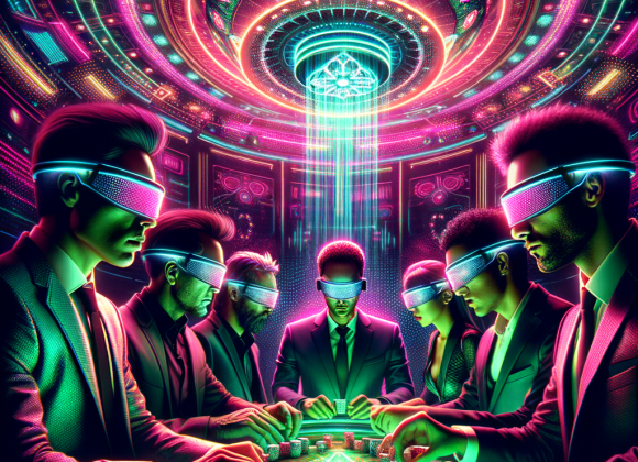 A neon-lit casino tournament with a glowing digital prize pool hovering above the poker table. Competing cyber-players, each wearing high-tech visors, analyze their odds. The Neon Noir Cyber-Vintage aesthetic enhances the competitive, high-stakes atmosphere with vivid electric pink and green.