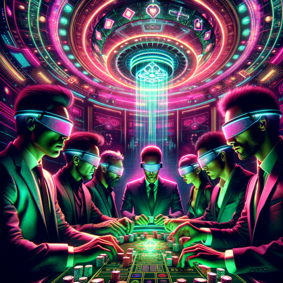 A neon-lit casino tournament with a glowing digital prize pool hovering above the poker table. Competing cyber-players, each wearing high-tech visors, analyze their odds. The Neon Noir Cyber-Vintage aesthetic enhances the competitive, high-stakes atmosphere with vivid electric pink and green.