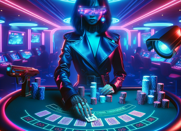 Blackjack Card Counting: How It Works and Why Casinos Hate It A neon-lit cyberpunk casino with a futuristic blackjack table. A mysterious gambler in a long trench coat and cyber glasses is counting cards, while digital holographic playing cards float in the air. The casino’s security cameras glow red, watching him closely. The atmosphere is dark, with a blue and purple neon glow illuminating the scene. The gambler's glasses reflect complex mathematical formulas. The aesthetic is Neon Noir Cyber-Vintage, with a retro-futuristic casino environment and high-contrast neon lighting.