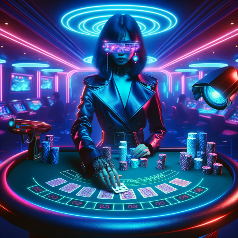 Blackjack Card Counting: How It Works and Why Casinos Hate It A neon-lit cyberpunk casino with a futuristic blackjack table. A mysterious gambler in a long trench coat and cyber glasses is counting cards, while digital holographic playing cards float in the air. The casino’s security cameras glow red, watching him closely. The atmosphere is dark, with a blue and purple neon glow illuminating the scene. The gambler's glasses reflect complex mathematical formulas. The aesthetic is Neon Noir Cyber-Vintage, with a retro-futuristic casino environment and high-contrast neon lighting.