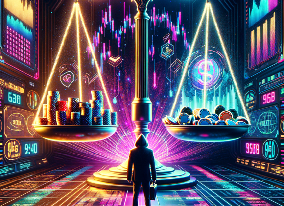 The Rise of Gambling Addiction Among Young Players A neon-lit digital balance scale with casino chips on one side and holographic stock market charts on the other. A cyber-trader in a suit and a gambler in a hoodie face off under glitching financial graphs. The Neon Noir Cyber-Vintage aesthetic mixes finance and gambling with glowing economic data.