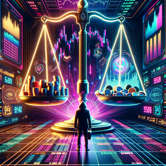 A neon-lit digital balance scale with casino chips on one side and holographic stock market charts on the other. A cyber-trader in a suit and a gambler in a hoodie face off under glitching financial graphs. The Neon Noir Cyber-Vintage aesthetic mixes finance and gambling with glowing economic data.