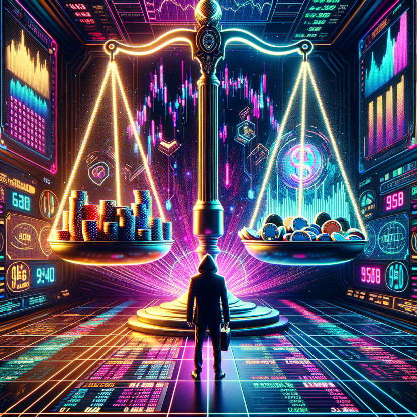 The Rise of Gambling Addiction Among Young Players A neon-lit digital balance scale with casino chips on one side and holographic stock market charts on the other. A cyber-trader in a suit and a gambler in a hoodie face off under glitching financial graphs. The Neon Noir Cyber-Vintage aesthetic mixes finance and gambling with glowing economic data.