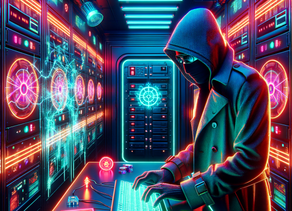 A neon-lit vault inside a futuristic cyber-casino, being hacked in real-time. A masked cyber-criminal in a trench coat types on a glowing holographic keyboard, while a digital countdown timer ticks down. The background has glitch effects and security alarms flashing in electric red. The Neon Noir Cyber-Vintage theme enhances the sense of high-stakes cybercrime.