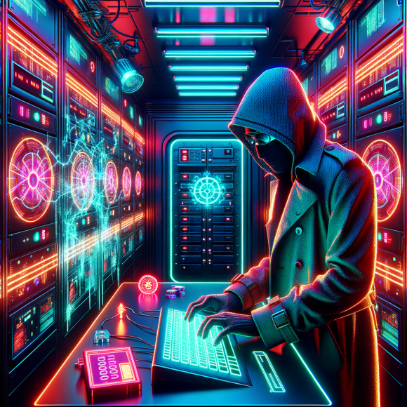 A neon-lit vault inside a futuristic cyber-casino, being hacked in real-time. A masked cyber-criminal in a trench coat types on a glowing holographic keyboard, while a digital countdown timer ticks down. The background has glitch effects and security alarms flashing in electric red. The Neon Noir Cyber-Vintage theme enhances the sense of high-stakes cybercrime.