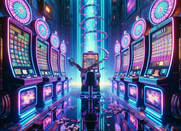 A surreal cyberpunk casino filled with towering slot machines glowing in neon blues, purples, and pinks. A robotic arm pulls the slot lever, and the screen displays rapidly spinning digital symbols that transform into binary code. The machine emits a glitch effect, symbolizing the randomness of the system. The scene is atmospheric, with reflections of neon lights bouncing off the metallic floor. A futuristic, Neon Noir Cyber-Vintage aesthetic with cyberpunk detailing and glitch elements.