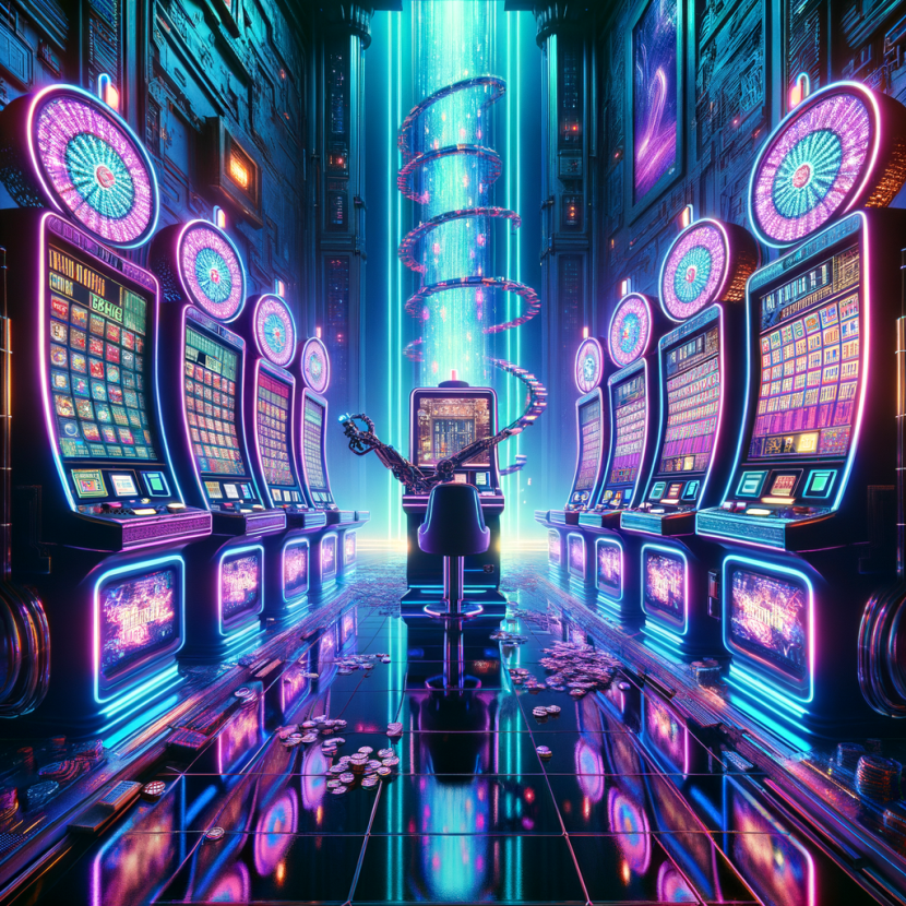 The Truth About Slot Machine RNG: Are They Really Random? A surreal cyberpunk casino filled with towering slot machines glowing in neon blues, purples, and pinks. A robotic arm pulls the slot lever, and the screen displays rapidly spinning digital symbols that transform into binary code. The machine emits a glitch effect, symbolizing the randomness of the system. The scene is atmospheric, with reflections of neon lights bouncing off the metallic floor. A futuristic, Neon Noir Cyber-Vintage aesthetic with cyberpunk detailing and glitch elements.