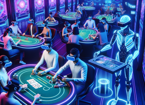 A virtual reality casino where players in cybernetic VR headsets gamble at glowing neon tables. A sleek AI dealer with a holographic body shuffles digital cards. The Neon Noir Cyber-Vintage aesthetic makes the scene feel immersive and high-tech, with electric blues and purples creating depth.
