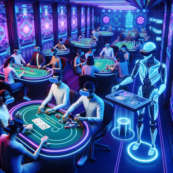 A virtual reality casino where players in cybernetic VR headsets gamble at glowing neon tables. A sleek AI dealer with a holographic body shuffles digital cards. The Neon Noir Cyber-Vintage aesthetic makes the scene feel immersive and high-tech, with electric blues and purples creating depth.