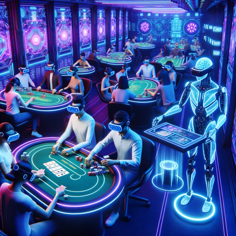 A virtual reality casino where players in cybernetic VR headsets gamble at glowing neon tables. A sleek AI dealer with a holographic body shuffles digital cards. The Neon Noir Cyber-Vintage aesthetic makes the scene feel immersive and high-tech, with electric blues and purples creating depth.