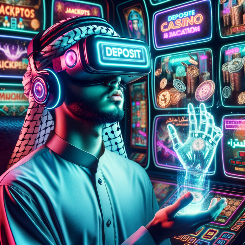 A young cyber-gamer with neon VR glasses sits hypnotized by flashing casino ads on his holographic screen. His eyes reflect jackpot animations as a ghostly digital hand pushes a "Deposit More" button. The Neon Noir Cyber-Vintage aesthetic highlights digital addiction with glowing cyber-traps.