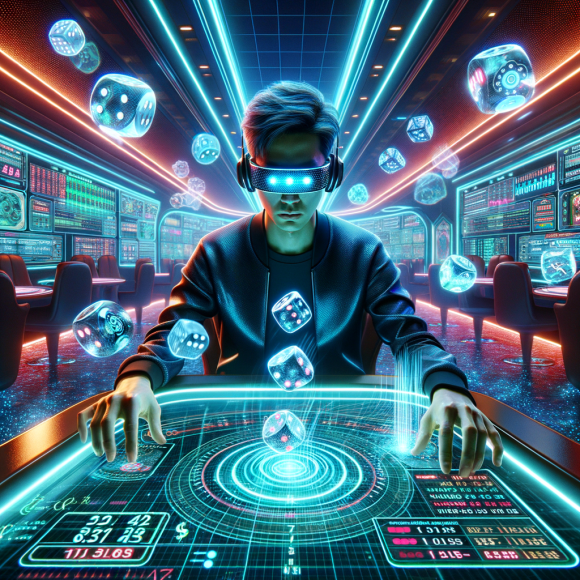 A command center inside a digital casino server room, where holographic charts show revenue, user engagement, and payout ratios. AI-driven avatars monitor financial dashboards. Glowing wires connect rows of slot machines, representing live data flow. The color scheme is steel-gray and gold with pulsing economic graphs.