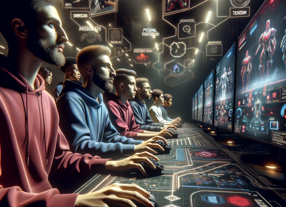 A cyber-arena where players face high-stakes decisions, sweating under pressure, then standing proud after a hard-fought win. Visuals include motivational phrases, mental health icons, and progress bars showing personal growth. Bold lighting and motion blur emphasize resilience and determination.
