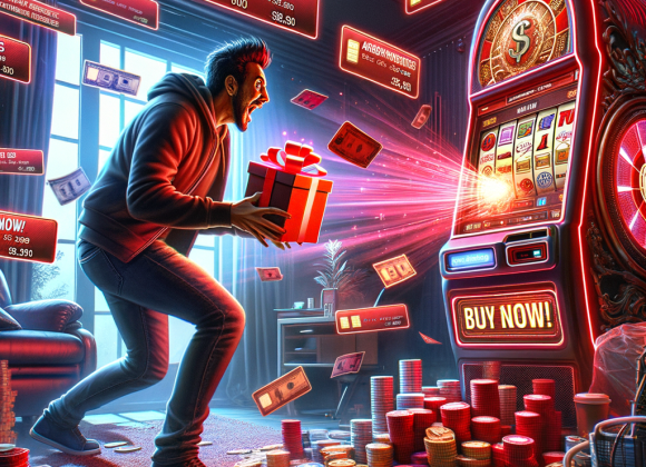 Can Playing Casino Games Improve Your Math Skills? A gamer opens a loot box that bursts into a slot machine interface, flooding the room with microtransaction prompts. Credit cards, “BUY NOW” buttons, and flashing currency symbols attack from all sides. A vulnerable user looks overwhelmed, while a digital timer counts down. Dark reds and urgent neon effects fill the space.