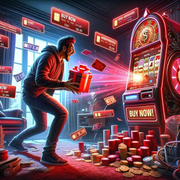 A gamer opens a loot box that bursts into a slot machine interface, flooding the room with microtransaction prompts. Credit cards, “BUY NOW” buttons, and flashing currency symbols attack from all sides. A vulnerable user looks overwhelmed, while a digital timer counts down. Dark reds and urgent neon effects fill the space.