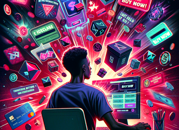 Social Benefits of Casino Games: Community and Camaraderie A gamer opens a loot box that bursts into a slot machine interface, flooding the room with microtransaction prompts. Credit cards, “BUY NOW” buttons, and flashing currency symbols attack from all sides. A vulnerable user looks overwhelmed, while a digital timer counts down. Dark reds and urgent neon effects fill the space.