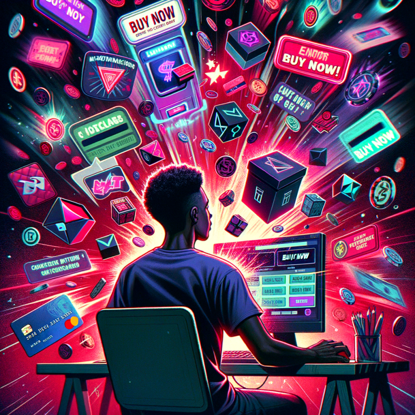 Social Benefits of Casino Games: Community and Camaraderie A gamer opens a loot box that bursts into a slot machine interface, flooding the room with microtransaction prompts. Credit cards, “BUY NOW” buttons, and flashing currency symbols attack from all sides. A vulnerable user looks overwhelmed, while a digital timer counts down. Dark reds and urgent neon effects fill the space.