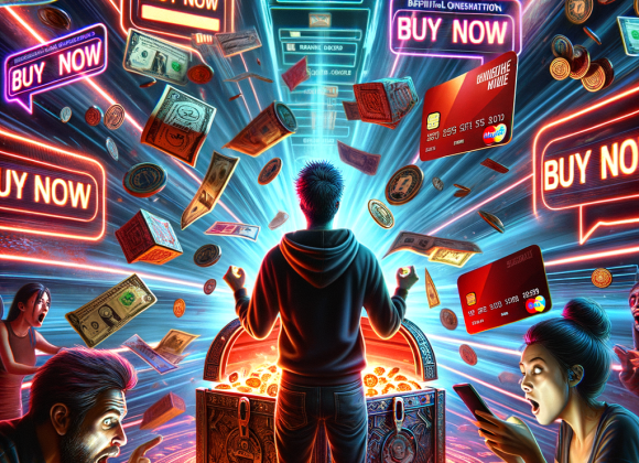 A gamer opens a loot box that bursts into a slot machine interface, flooding the room with microtransaction prompts. Credit cards, “BUY NOW” buttons, and flashing currency symbols attack from all sides. A vulnerable user looks overwhelmed, while a digital timer counts down. Dark reds and urgent neon effects fill the space.