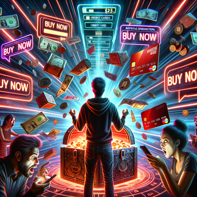 A gamer opens a loot box that bursts into a slot machine interface, flooding the room with microtransaction prompts. Credit cards, “BUY NOW” buttons, and flashing currency symbols attack from all sides. A vulnerable user looks overwhelmed, while a digital timer counts down. Dark reds and urgent neon effects fill the space.